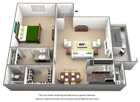 1 bedroom floor plan at The Willows on Rosemeade, Dallas, TX 75287